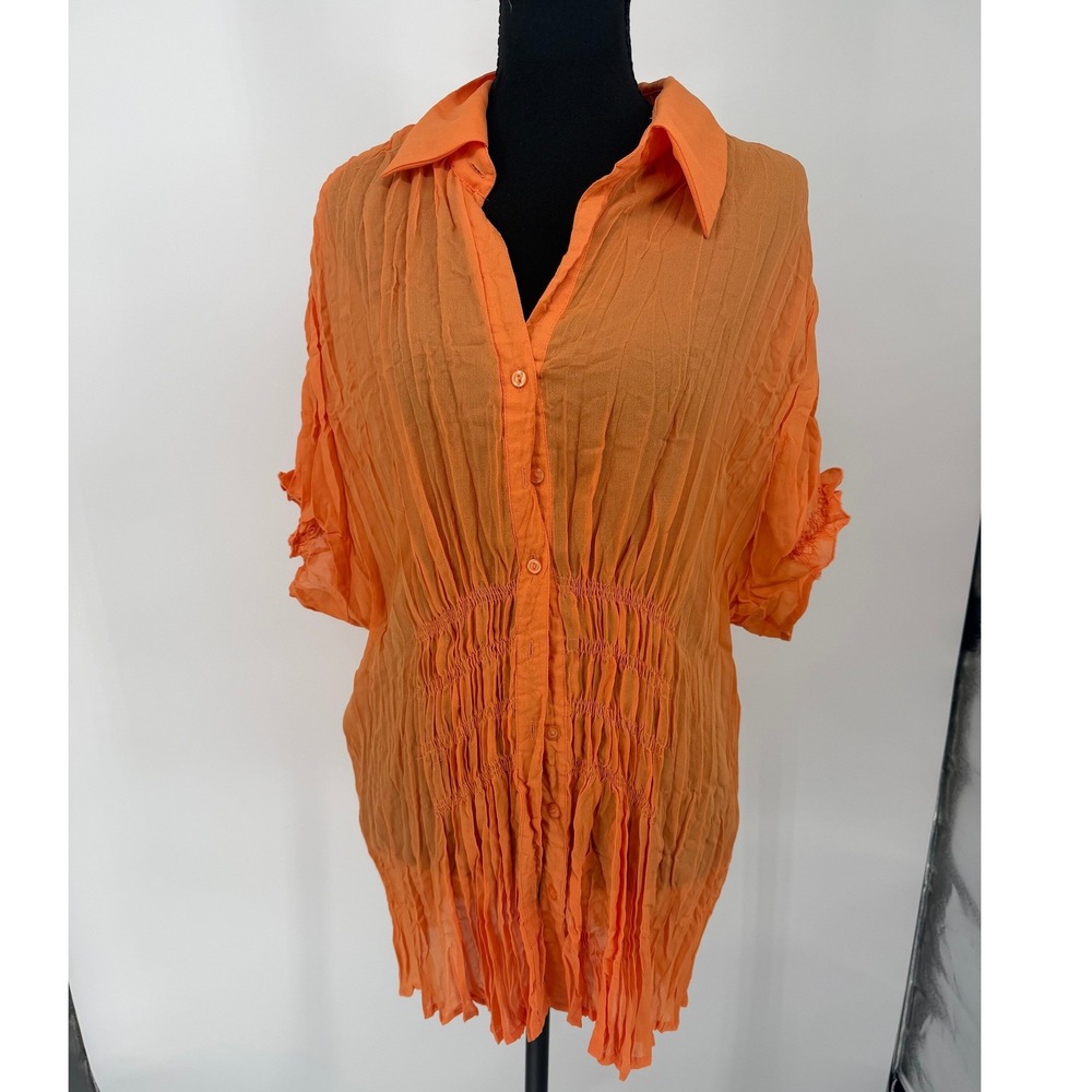 Orange‎ Crinkle Pleated Smocked Waist Button Down Ruffle Sleeve Blouse Top